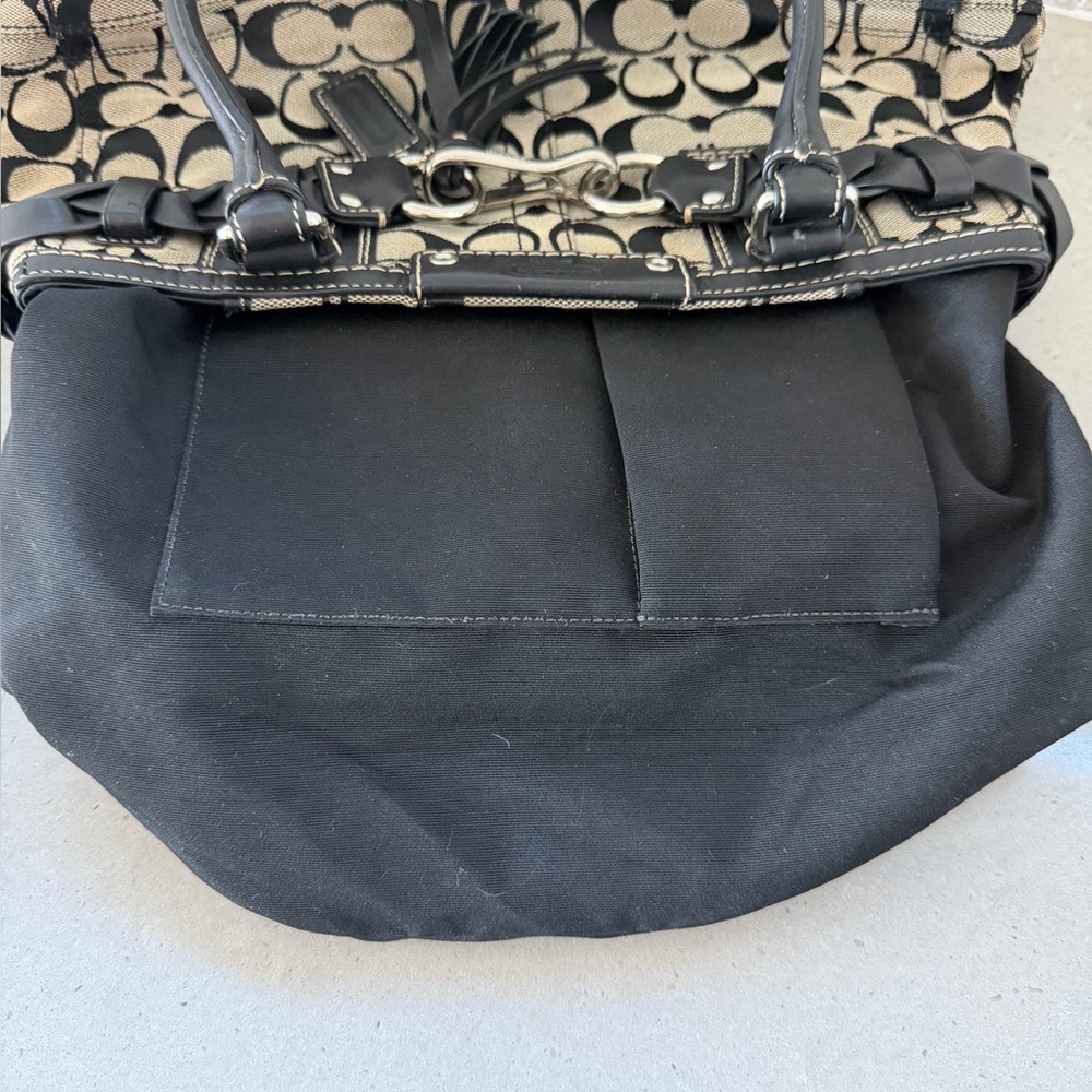 Coach Black and Beige Signature Canvas Satchel with Braided Leather Trim - Picture 11 of 14